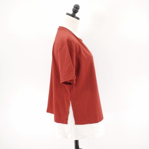 Ann Taylor Large Red Crew Neck 2 Material Sheer Bottom Blouse - Picture 7 of 8